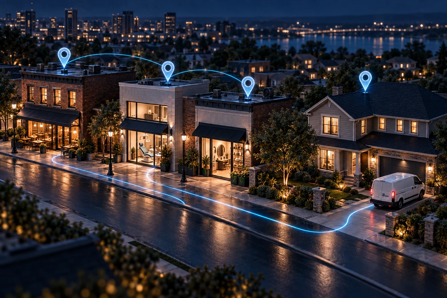 Concept illustration connecting neighborhood businesses and a home service van through local discovery