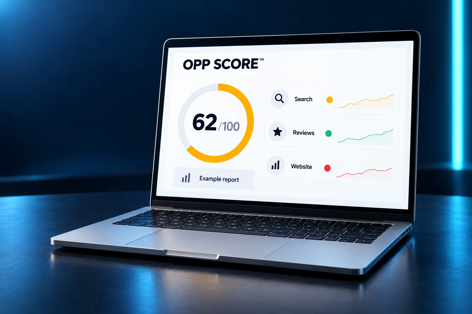 Illustrative OPP report displayed on a laptop with an example score of 62 out of 100